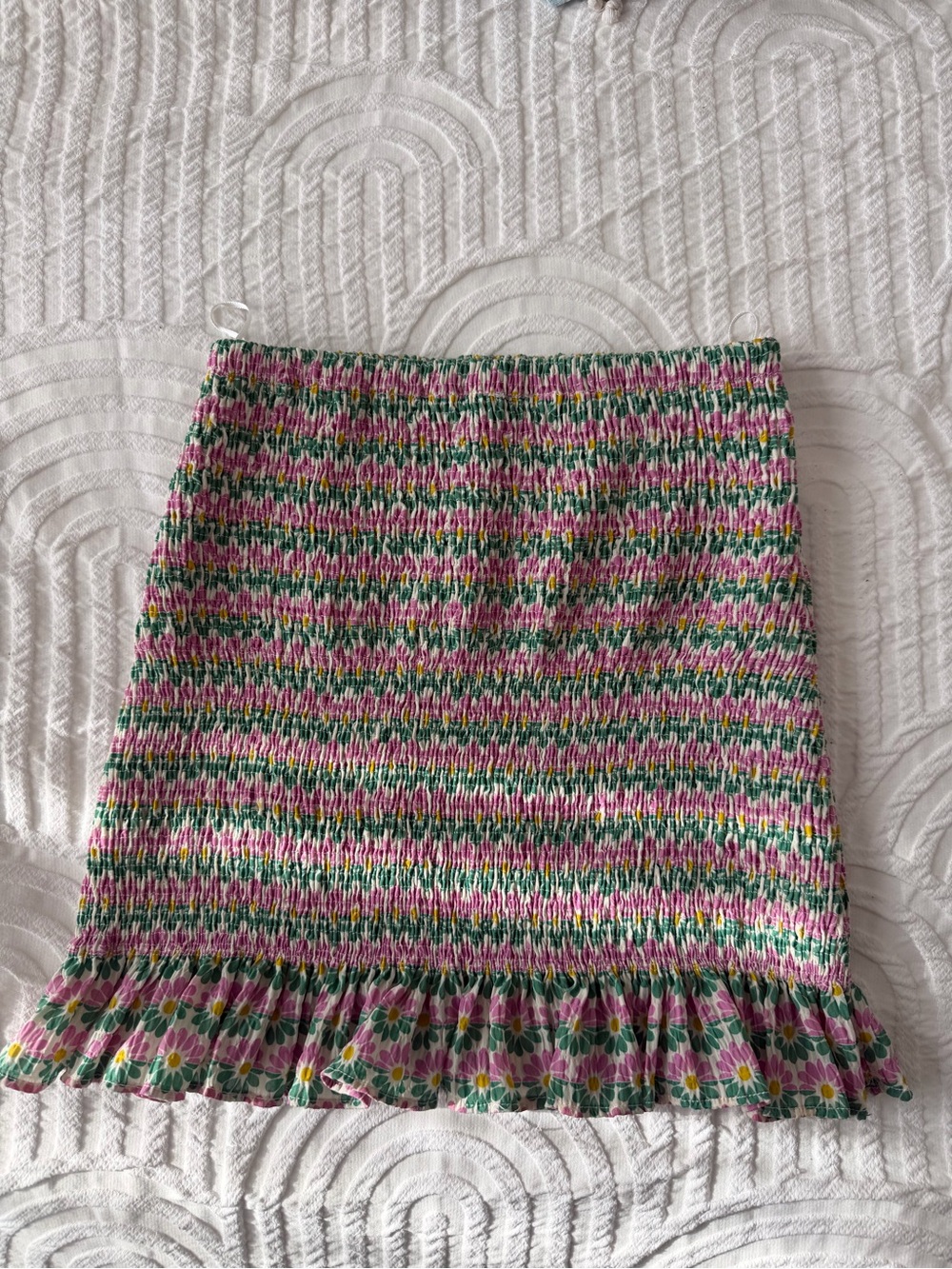 Zara Pink, Green and White Smocked Floral Ruffle Mini Skirt